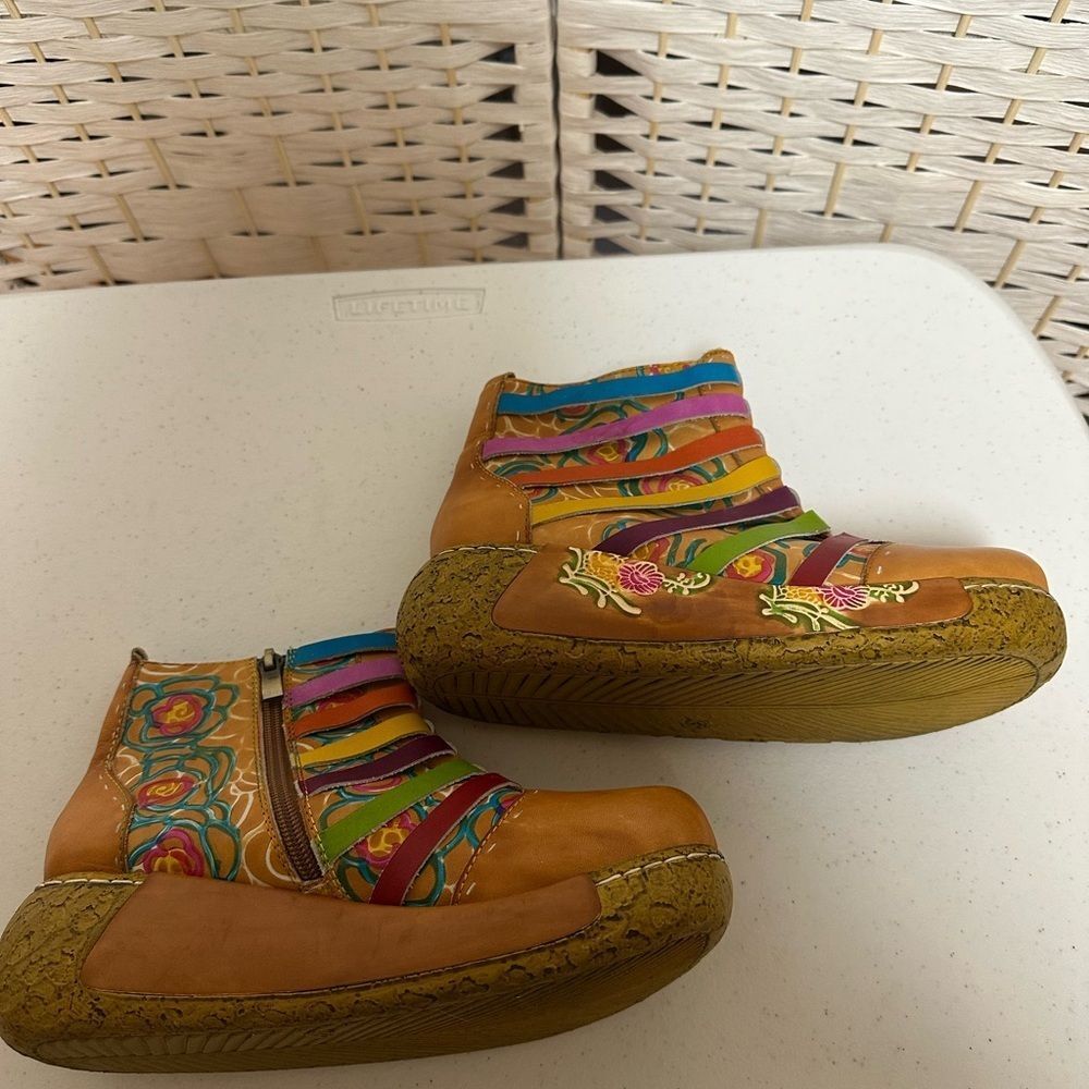 Socofy Ankle boots women’s sz 6.5eu 37 boho like new colorful cork look heel zip - Picture 10 of 10